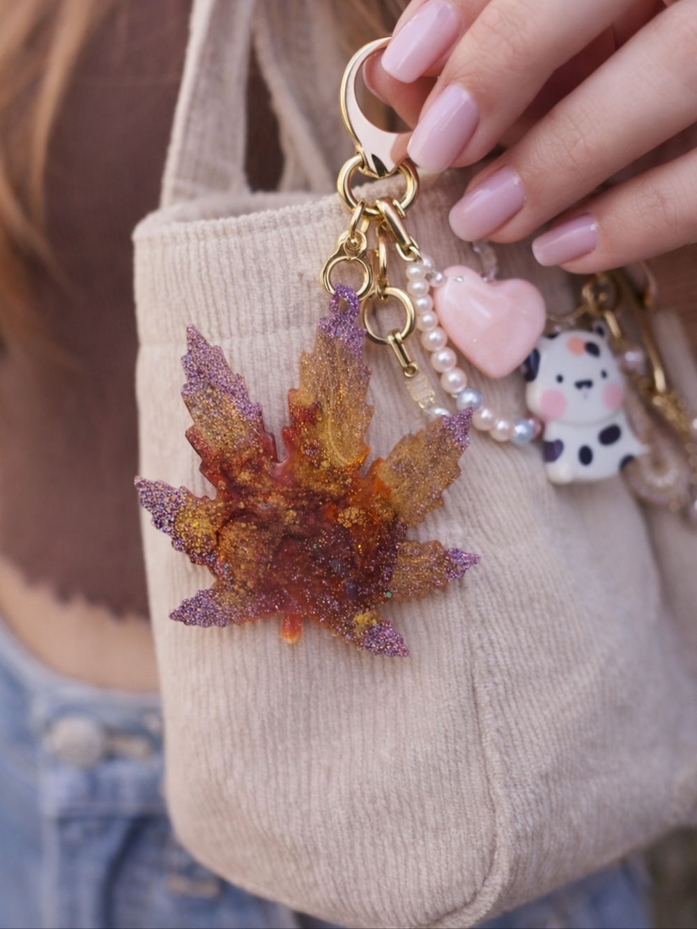 Purple Gold Glitter Resin Leaf Keychain Charm Handmade Aesthetic NEW